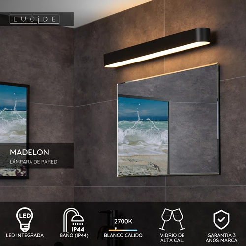 Lucide MADELON - Lámpara de pared Baño - LED - 1x9W 2700K - IP44 - Negro - USP
